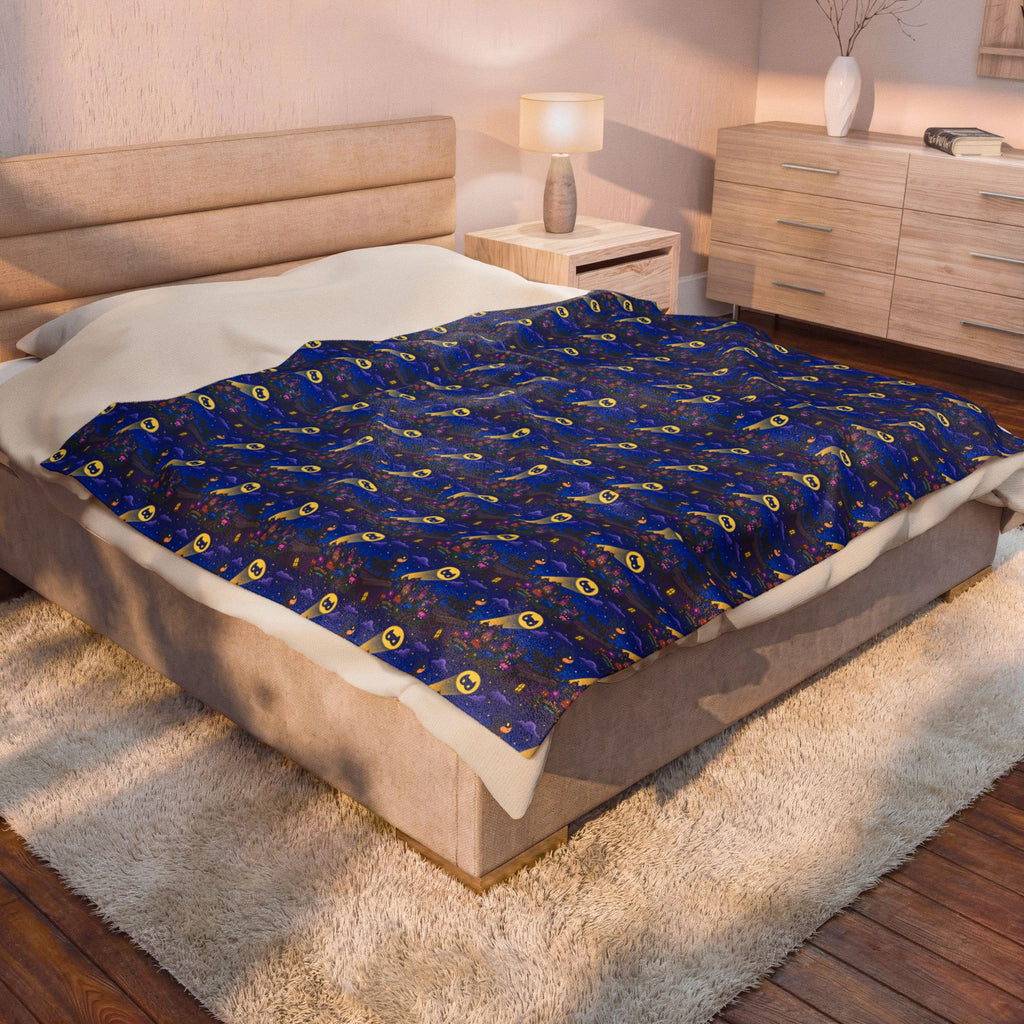 Velveteen Plush Blanket — Blue Space Rocket Pattern Cozy Throw for Kids & Space Fans