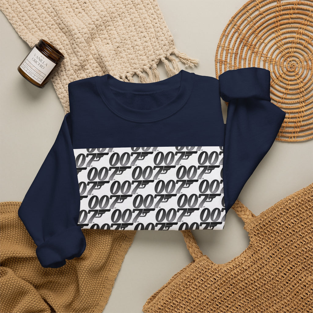 Crewneck Sweatshirt — Repeating '007' Retro Pattern Graphic