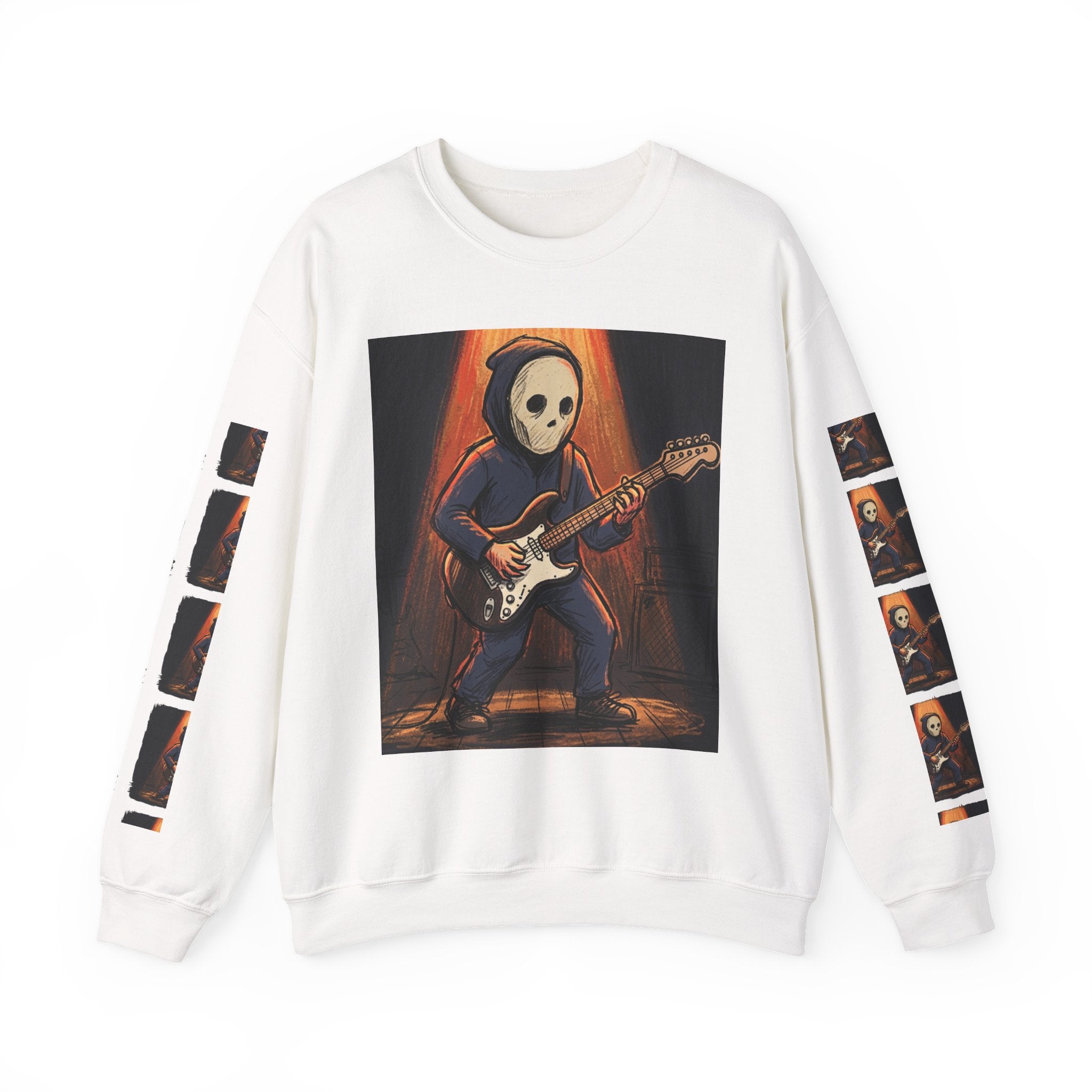 Guitar Skull Crewneck Sweatshirt — Rock Music Skeleton Graphic Pullover