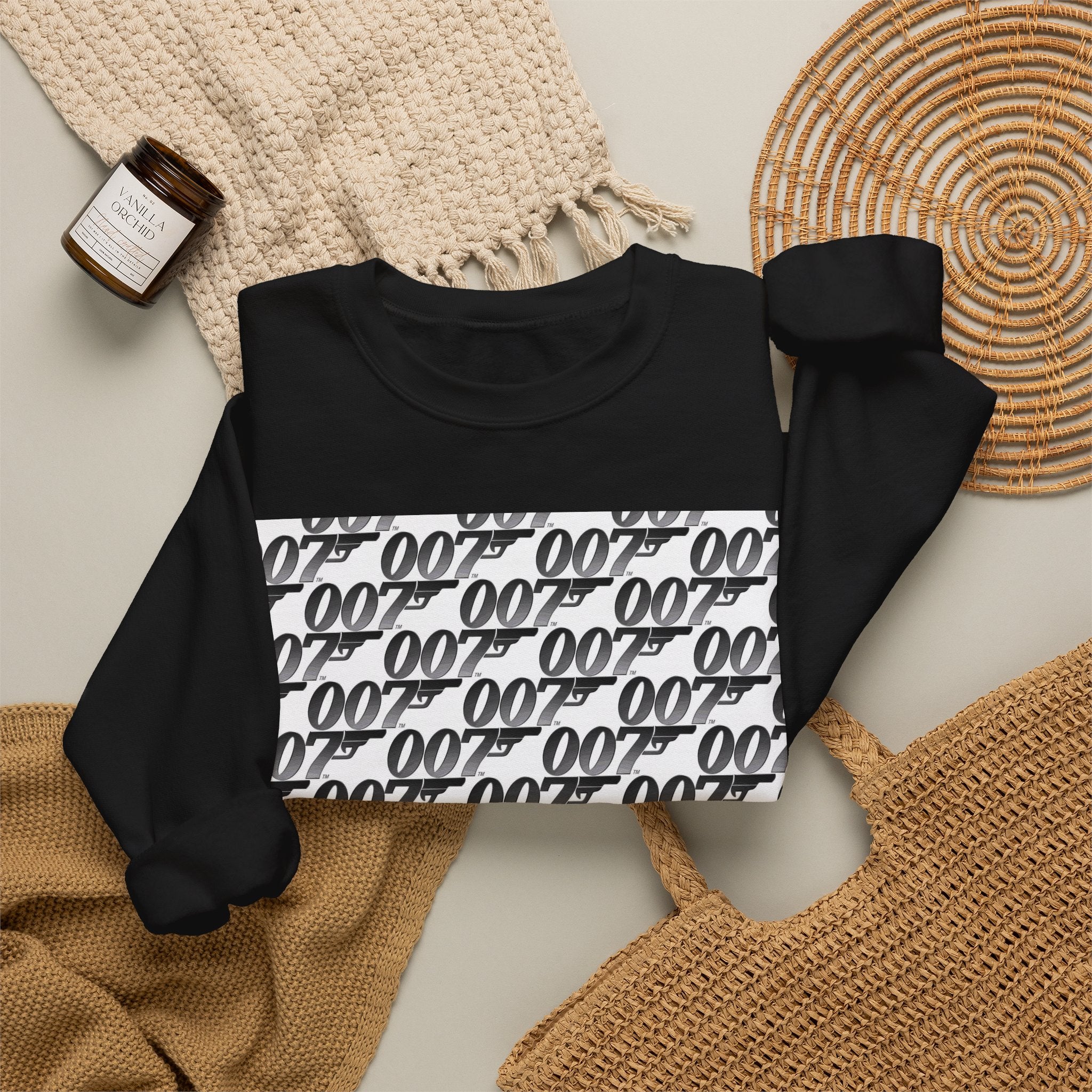 Crewneck Sweatshirt — Repeating '007' Retro Pattern Graphic