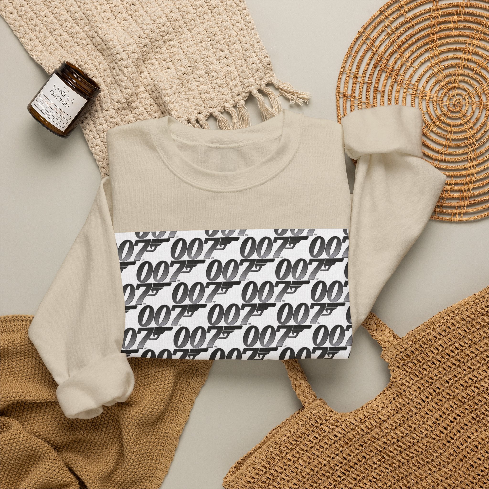 Crewneck Sweatshirt — Repeating '007' Retro Pattern Graphic
