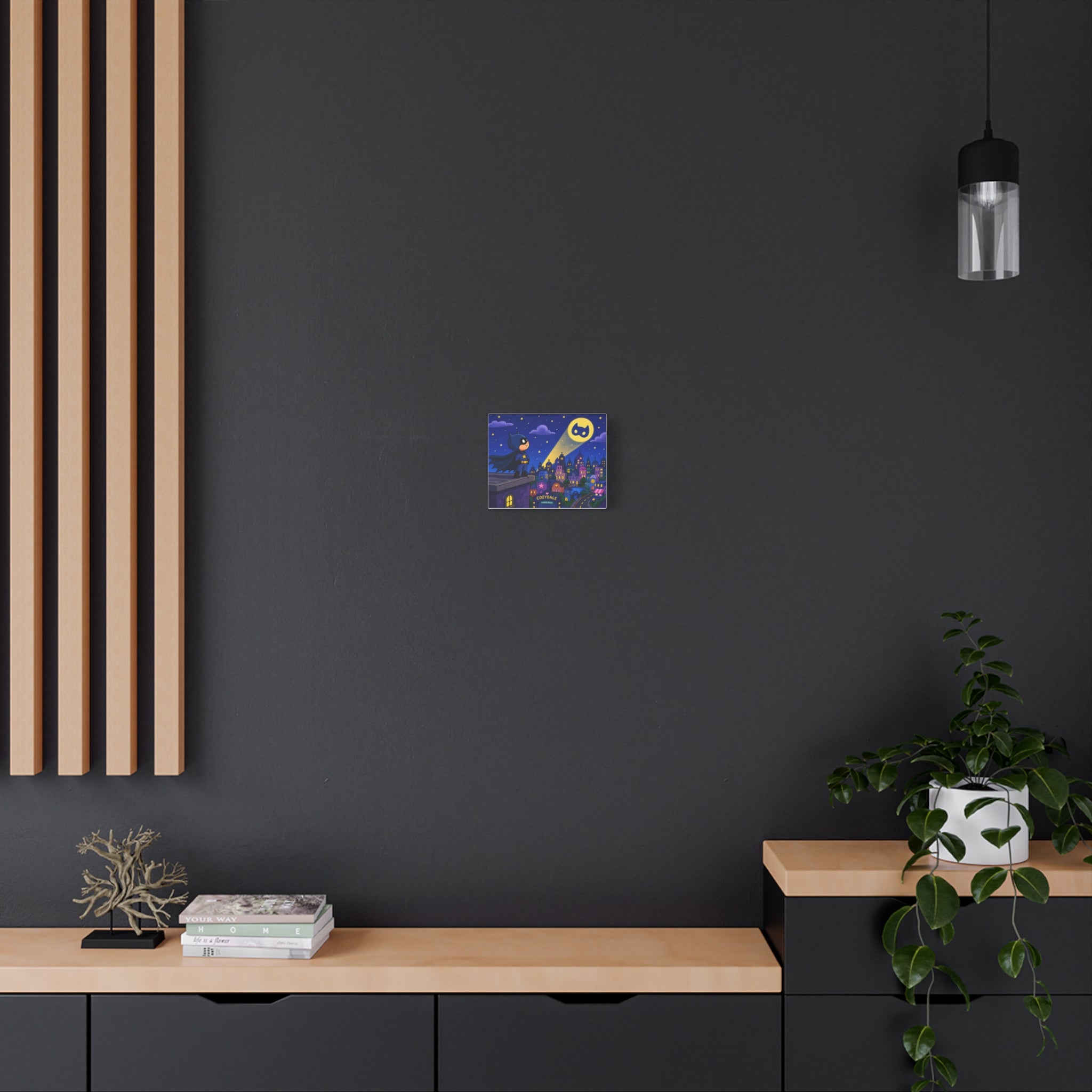 Kids Superhero Canvas Wall Art — Cozy Night Cityscape Matte Stretched Print