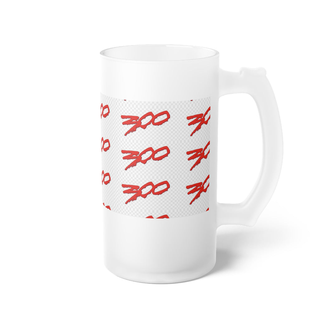 Frosted Beer Mug — Red '300' Script Pattern Glass Pint