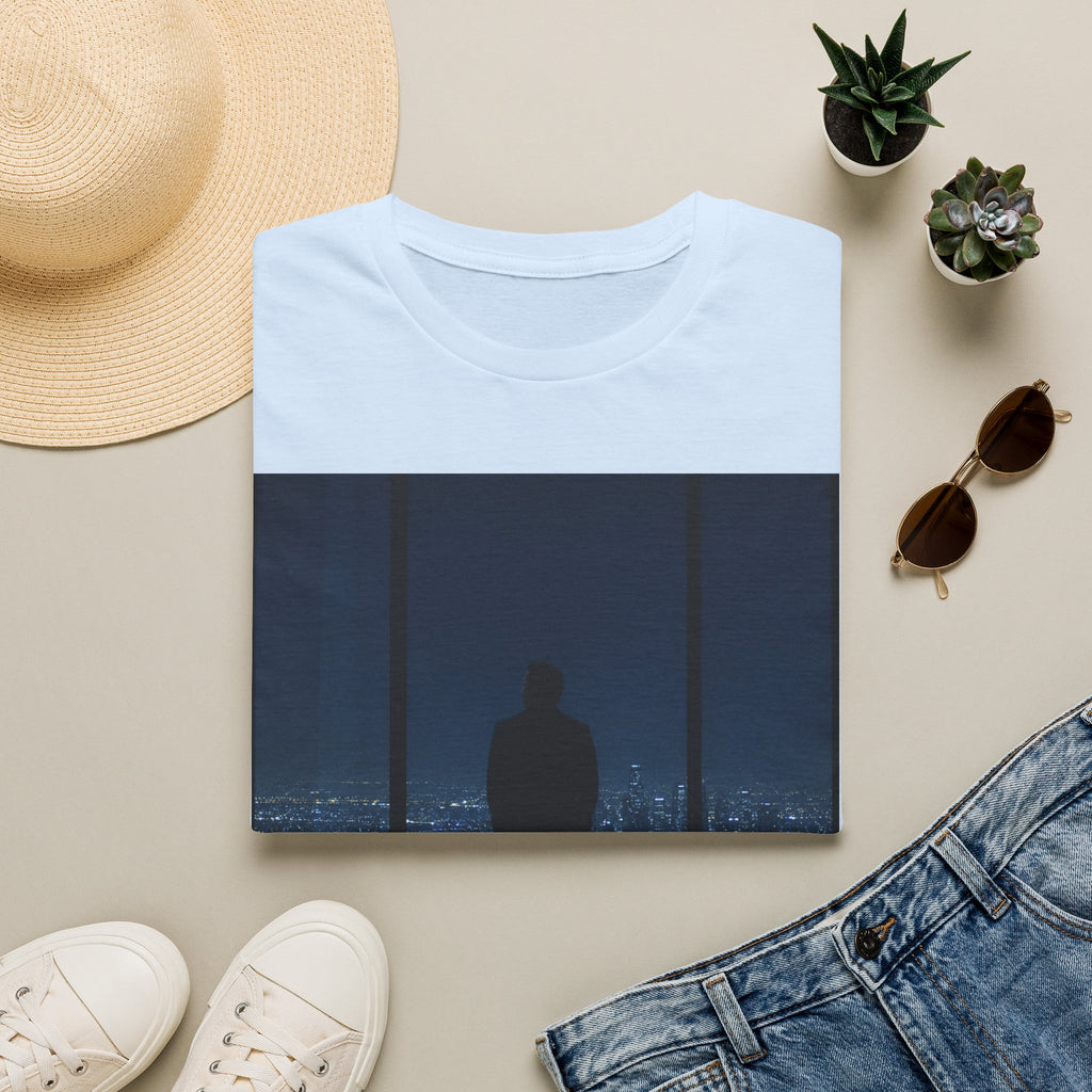 Night Window T-Shirt — Silhouette Over Cityscape Graphic Tee