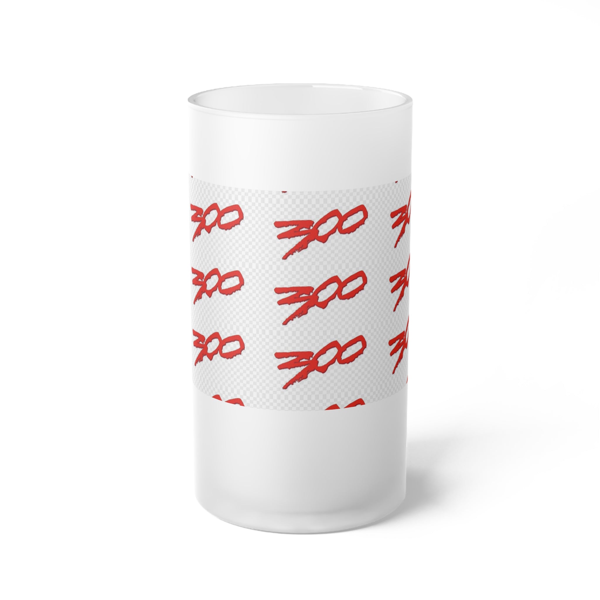 Frosted Beer Mug — Red '300' Script Pattern Glass Pint