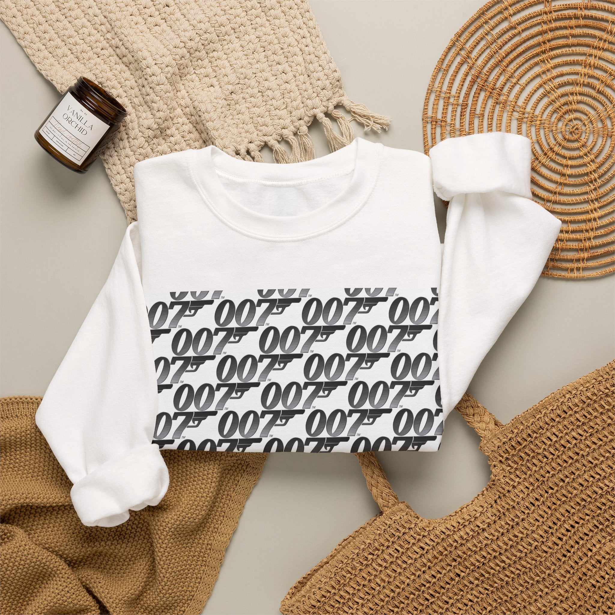 Crewneck Sweatshirt — Repeating '007' Retro Pattern Graphic