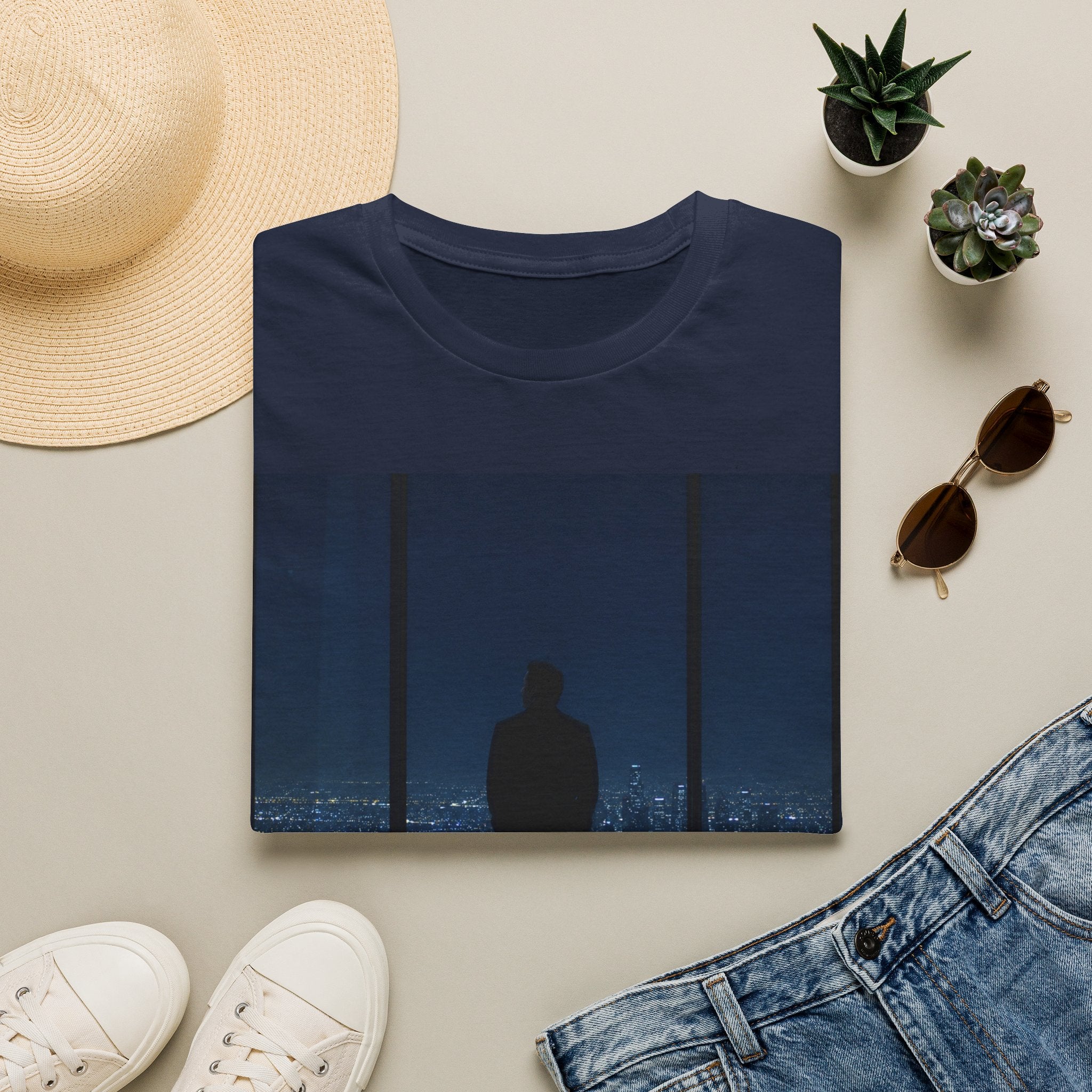 Night Window T-Shirt — Silhouette Over Cityscape Graphic Tee