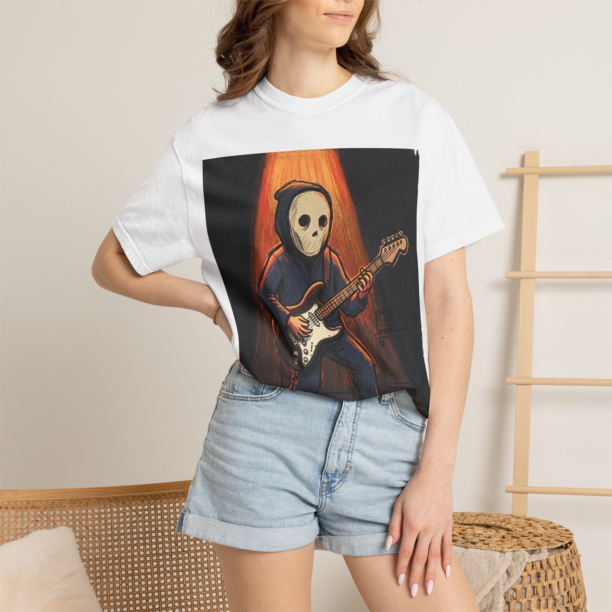 Guitar-Playing Skull Tee — Rocker Skeleton Graphic T-Shirt