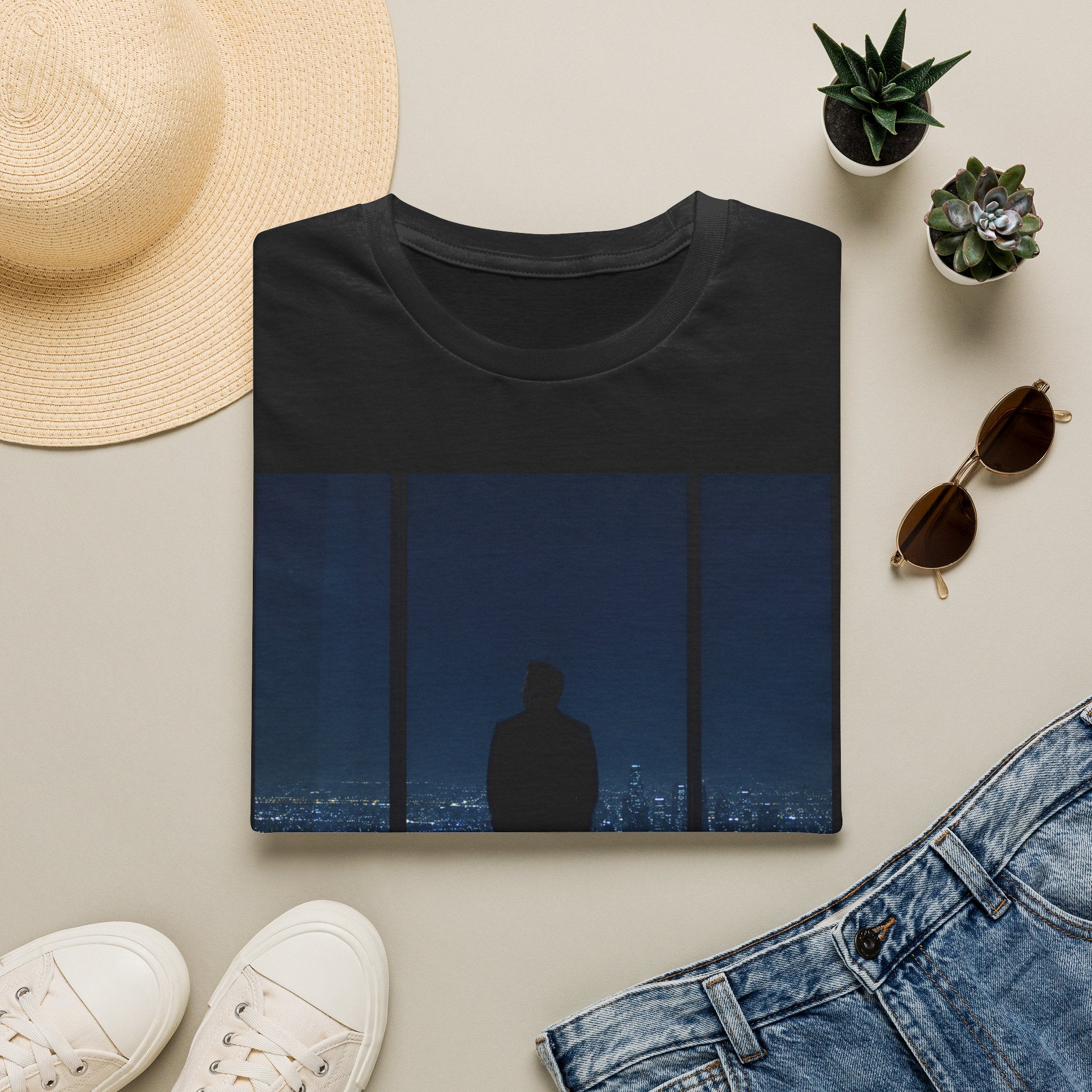 Night Window T-Shirt — Silhouette Over Cityscape Graphic Tee