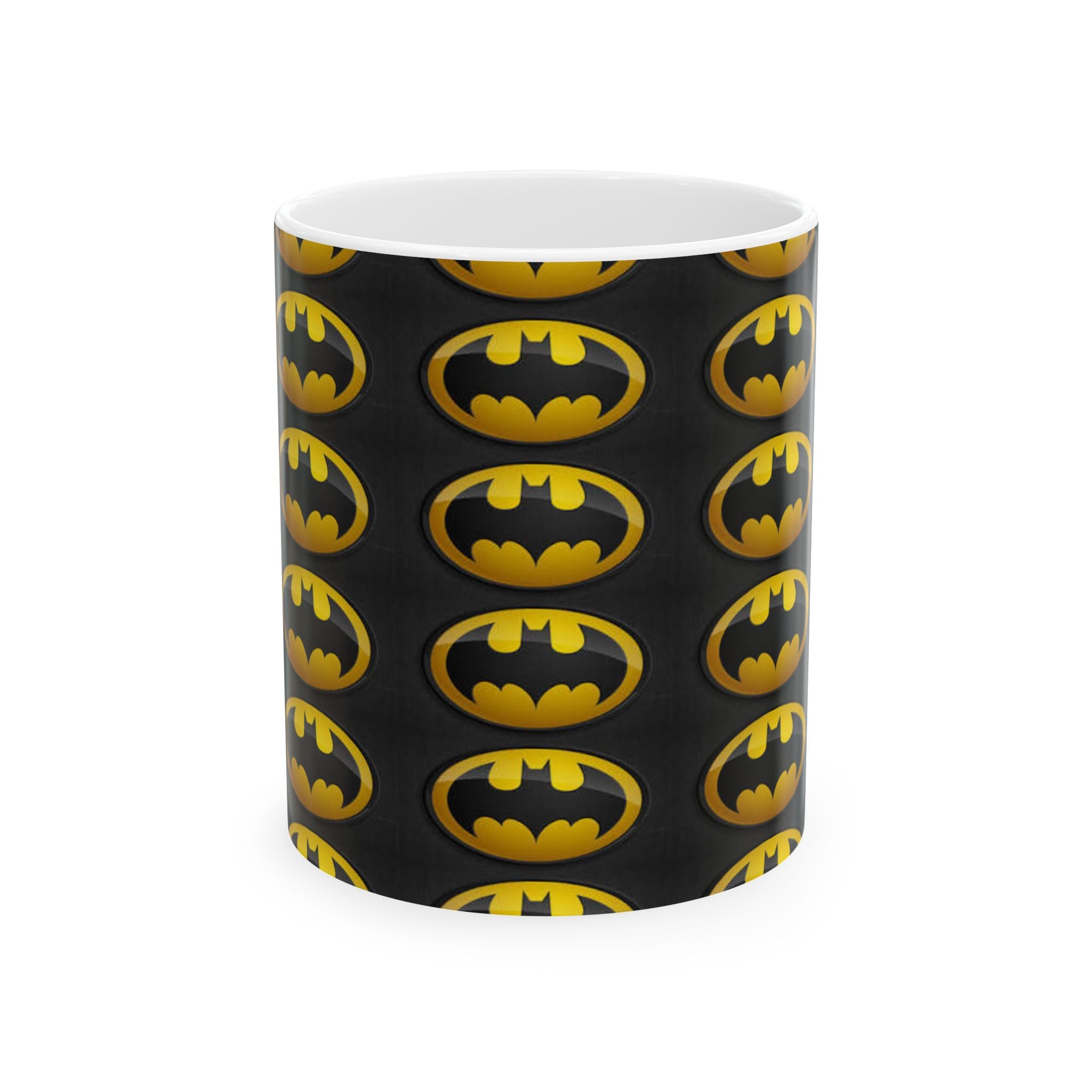 Batman Logo Ceramic Mug — Repeating Retro Bat-Signal Coffee Cup (11oz/15oz)