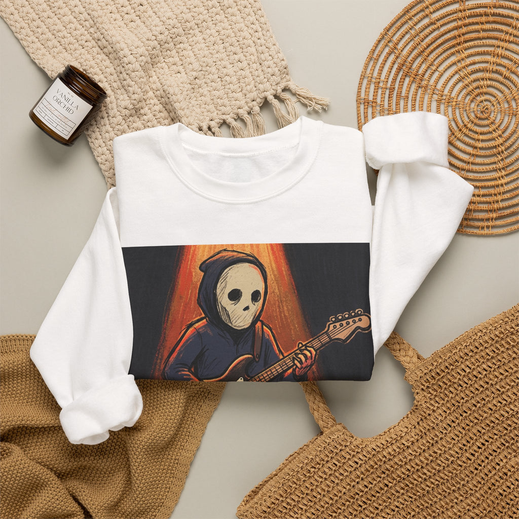Guitar Skull Crewneck Sweatshirt — Rock Music Skeleton Graphic Pullover