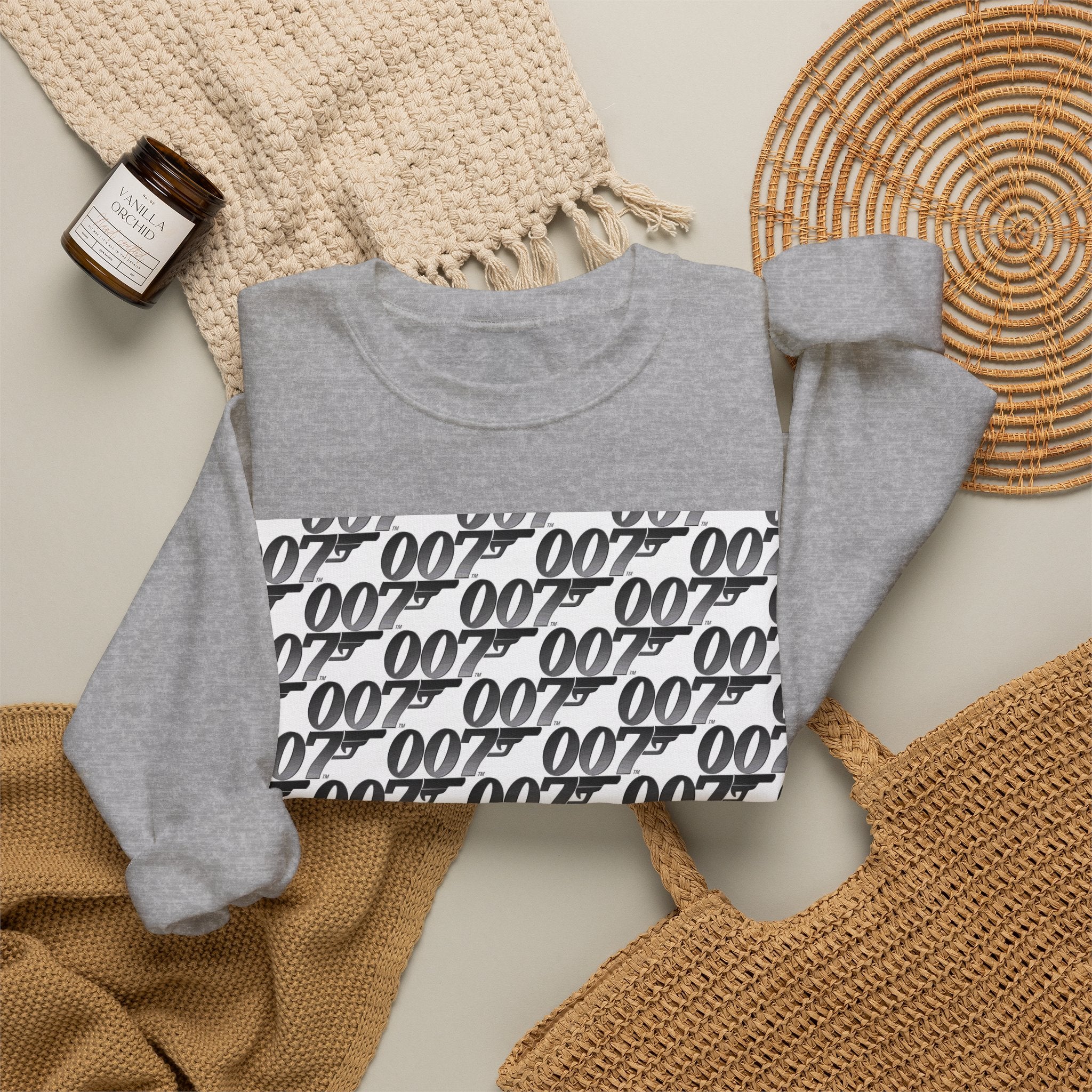 Crewneck Sweatshirt — Repeating '007' Retro Pattern Graphic