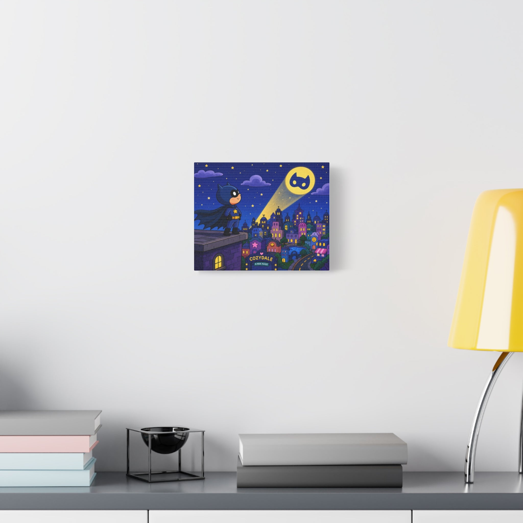 Kids Superhero Canvas Wall Art — Cozy Night Cityscape Matte Stretched Print