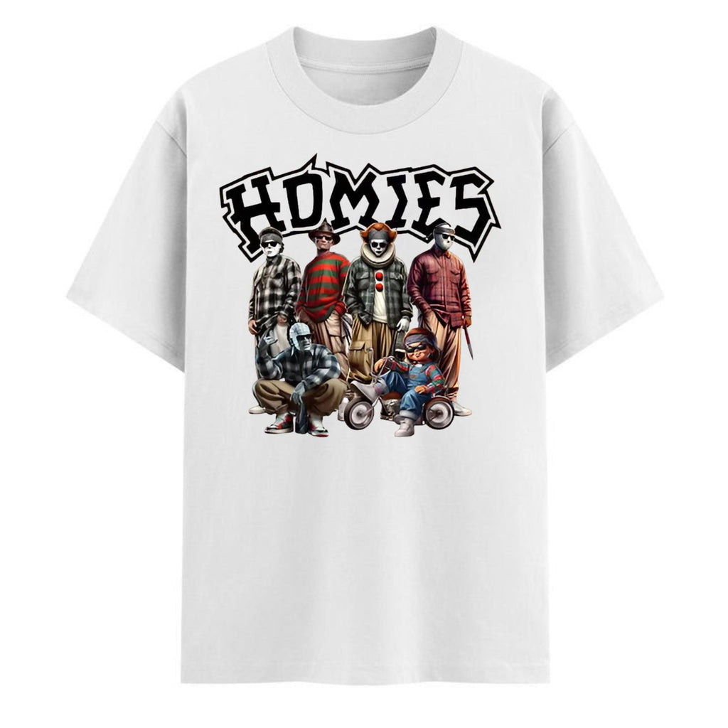 "Homies Horror" Movie Villains T-Shirt - Funny Chicano Lowrider Style Tee, Urban Halloween Streetwear