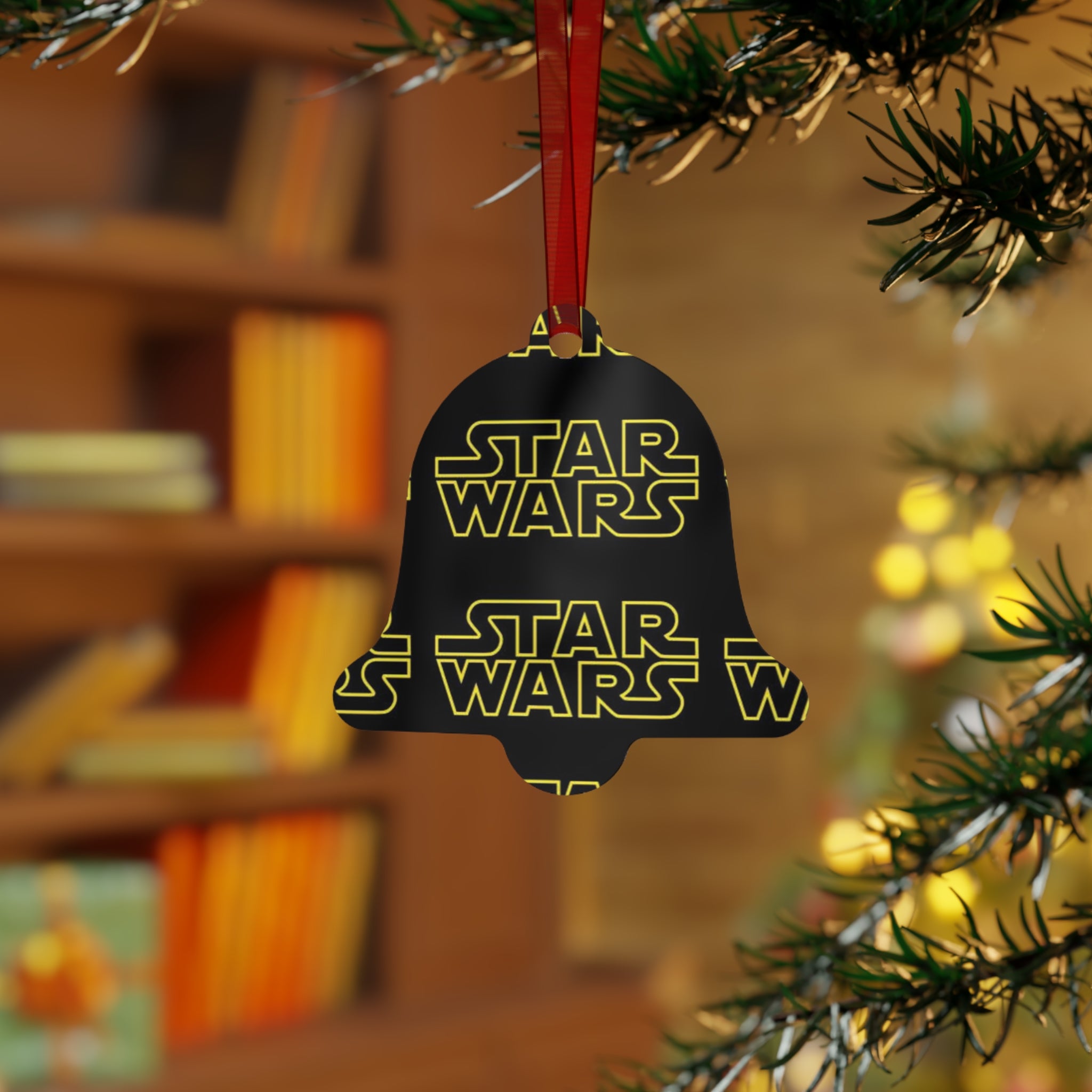 Star Wars Logo Metal Ornament — Black & Yellow Holiday Bell Decoration