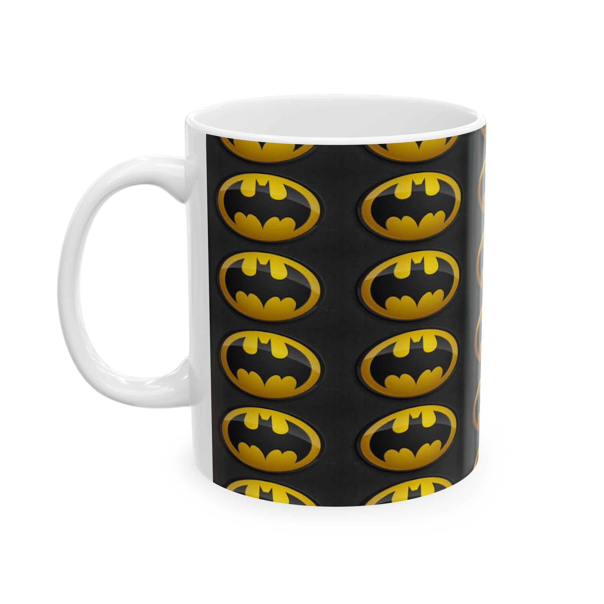 Batman Logo Ceramic Mug — Repeating Retro Bat-Signal Coffee Cup (11oz/15oz)