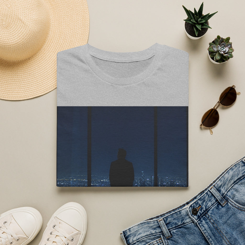 Night Window T-Shirt — Silhouette Over Cityscape Graphic Tee