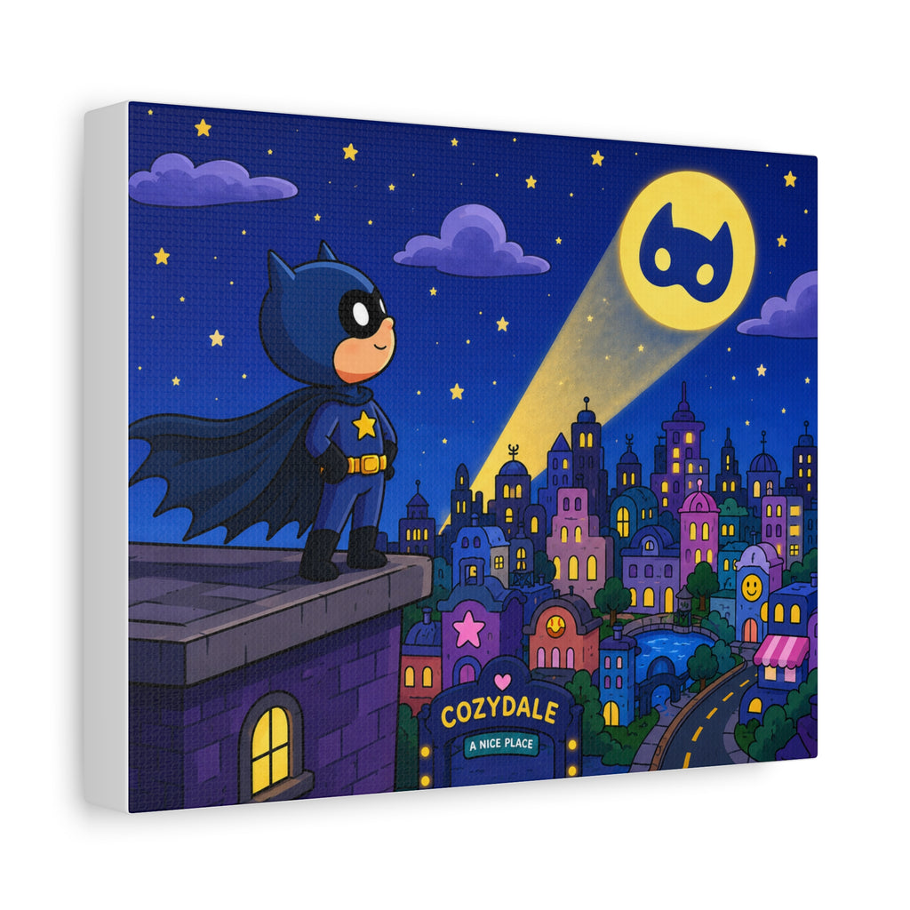 Kids Superhero Canvas Wall Art — Cozy Night Cityscape Matte Stretched Print