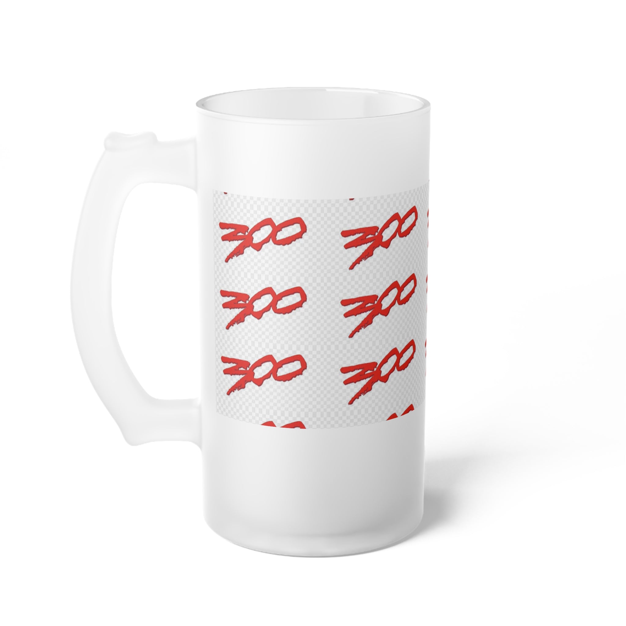 Frosted Beer Mug — Red '300' Script Pattern Glass Pint