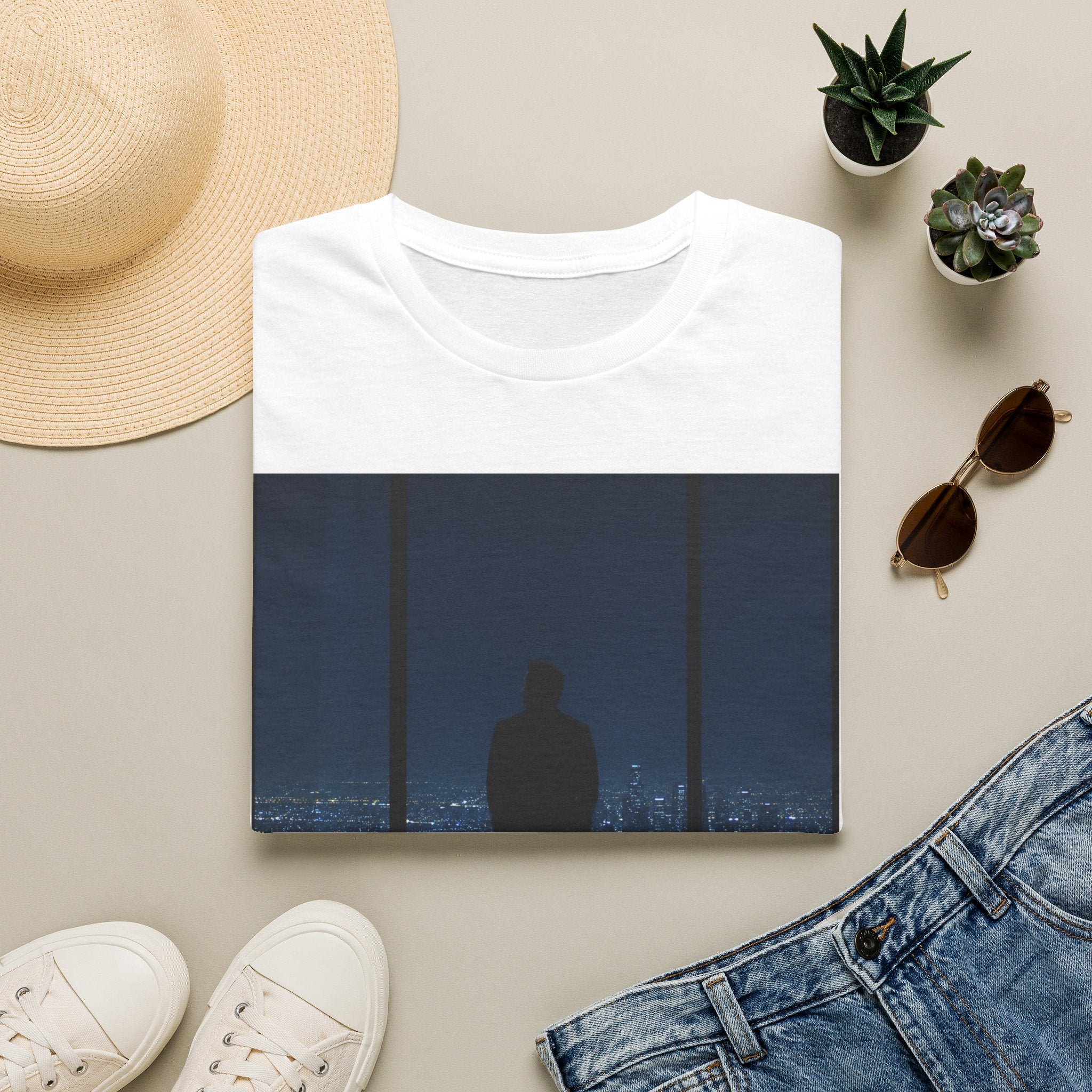 Night Window T-Shirt — Silhouette Over Cityscape Graphic Tee
