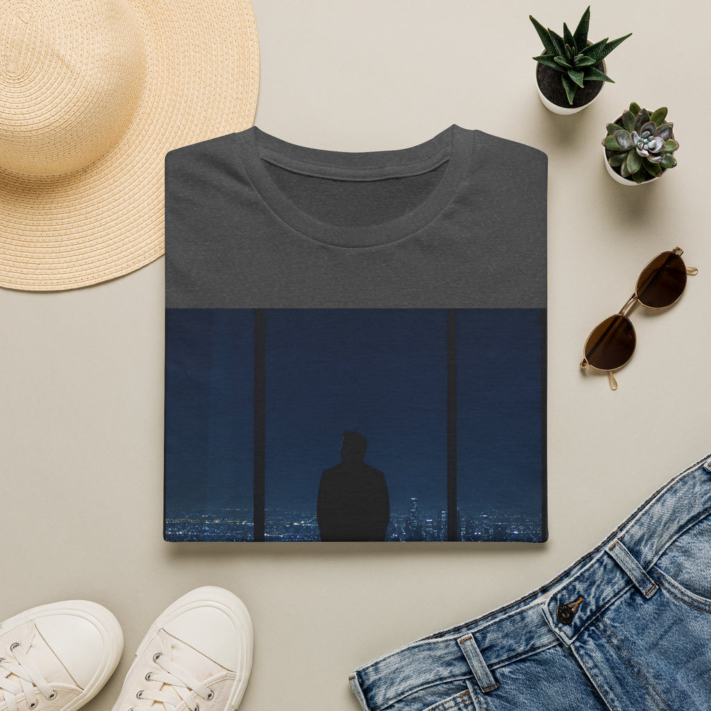 Night Window T-Shirt — Silhouette Over Cityscape Graphic Tee